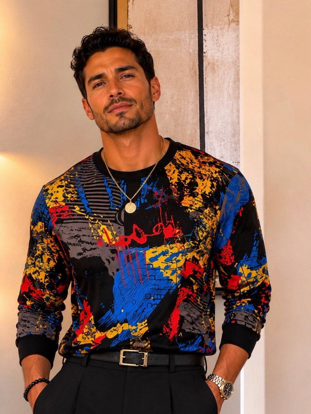 SHEIN Black Multicolor Abstract Long-Sleeve Tee